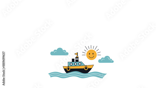 Colorful toy ship cruising on gentle blue waves under a smiling yellow sun and fluffy clouds for kids nautical themes.