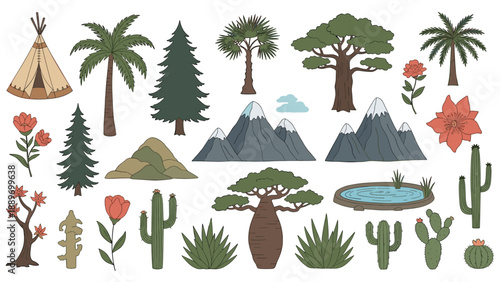 Extensive set of landscape elements including various trees mountains cacti flowers a tipi and a pond for scenery design.