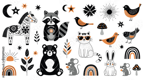Large collection of scandinavian style forest animals and nature elements featuring bear raccoon horse and birds in black and orange colors.