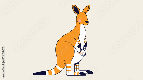 Mother kangaroo standing tall with her joey peeking out from her pouch against a soft neutral beige background illustration.