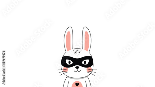 Funny white rabbit character wearing a black superhero mask and a small heart on its chest isolated on white background.