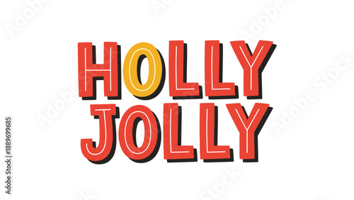 Festive holly jolly typography in red and yellow bold letters with a vintage shadow for christmas and holiday season greeting cards.