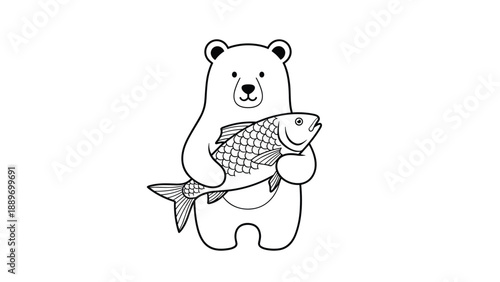 Minimalist black and white line drawing of a cute bear standing and holding a large fish for wildlife and nature themes.