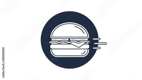Stylized burger icon inside a dark blue circle with motion lines for fast food delivery and restaurant service design.