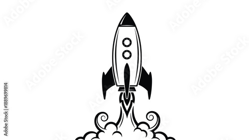 Bold black and white graphic illustration of a rocket ship blasting off with a trail of smoke for space and mission themes.