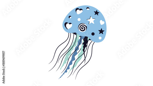 Stylized blue jellyfish illustration decorated with stars hearts and a swirl pattern for whimsical ocean themes.