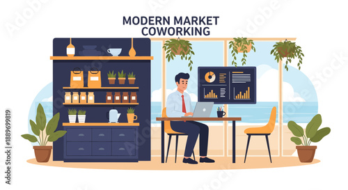 Modern Coworking Space with Man Working at Desk