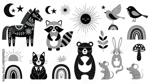 Set of various black and white folk art style animals and nature elements including horse bear raccoon and birds.