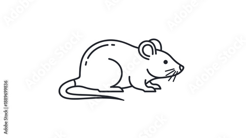 Clean black line art icon of a mouse with a long tail and whiskers for animal and biology related themes on white background.