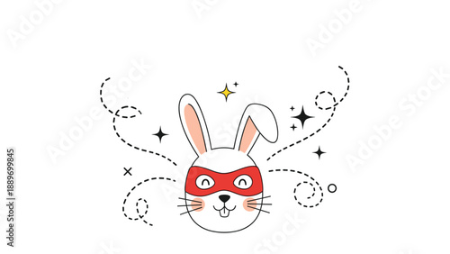 Adorable white rabbit head wearing a red superhero mask and surrounded by black sparkles for kids hero themes.