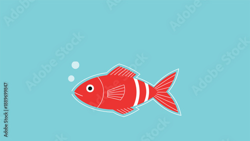 Bright red fish illustration with white stripes swimming in blue water with air bubbles for aquarium and nature themes.