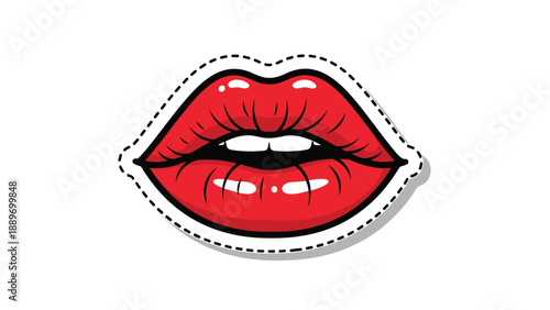 Pop art style sticker of seductive red lips with white teeth showing for fashion and beauty theme designs on white background.