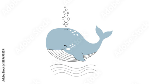 Cute cartoon blue whale blowing water bubbles through its blowhole while swimming over minimal ocean waves on white.