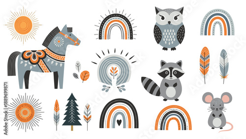 Nordic style elements featuring horse owl raccoon mouse rainbows and forest motifs in a modern decorative collection.