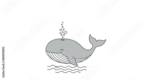 Simple gray whale cartoon character with happy expression and water bubbles swimming above stylized ocean waves.