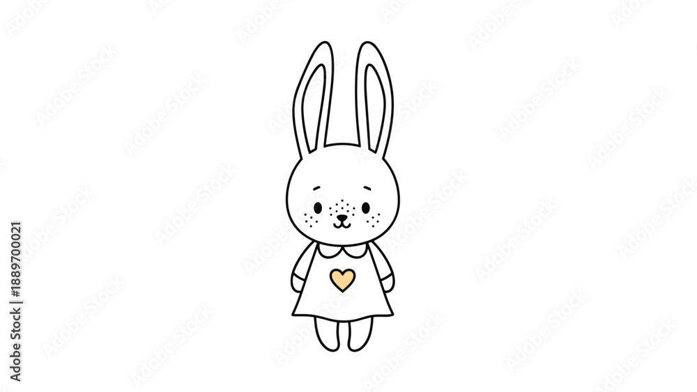 Obraz premium Sweet little bunny character wearing a simple white dress with a heart motif on a clean white background.