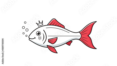Cartoon white fish with red fins wearing a gold crown and blowing bubbles in a clean minimal style.
