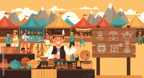 Traditional Market Stall with Cultural Goods and Food