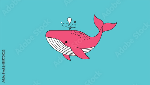 Simple pink whale cartoon character blowing water droplets from its blowhole while swimming on a blue background.