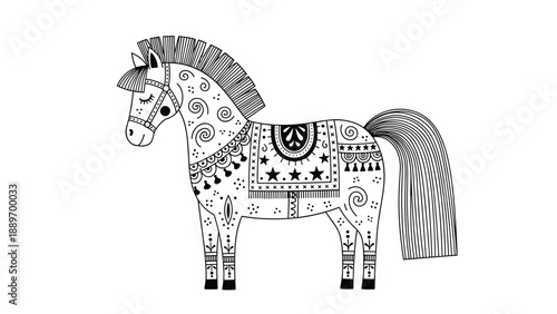 Intricate black and white line art illustration of a horse decorated with ornate patterns and geometric shapes.