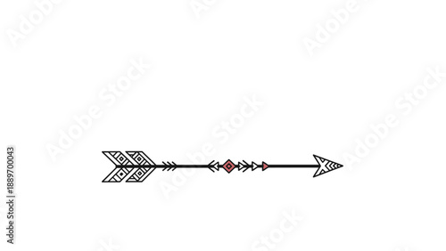 Decorative tribal arrow with geometric patterns and feathers rendered in a clean black and red color palette.