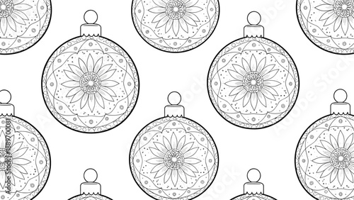 Seamless pattern of ornate black and white Christmas baubles with floral and geometric designs on white.