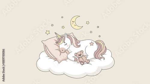 Cute unicorn sleeping peacefully on a fluffy white cloud while cuddling a small teddy bear under the stars.