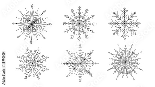 Set of six unique hand drawn snowflake designs with intricate patterns and geometric shapes in black ink.