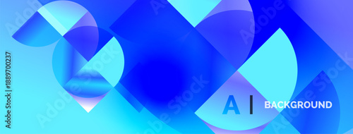 Abstract blue shapes overlap, creating dynamic visual effect. Gradient colors suggest depth, modern design aesthetic.