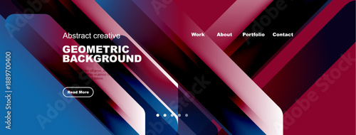 Abstract geometric background design. Blue, red gradients create dynamic visual effect. Text elements present portfolio information.