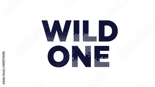 Stylized text element reading wild one in bold dark blue font featuring dots and diagonal lines on a plain white background.