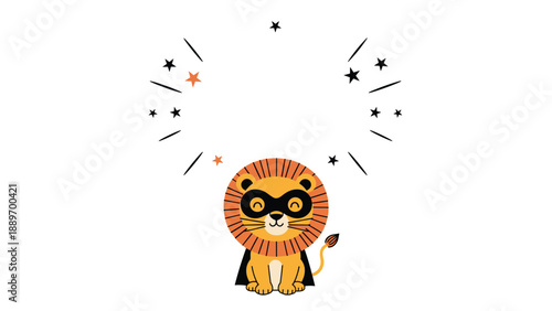 Cute cartoon lion wearing a black superhero mask and cape surrounded by black and orange stars and rays on a white background.