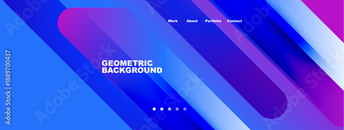 Abstract geometric background. Blue, pink gradients create dynamic visual effect. Navigation menu present at top. Modern design.