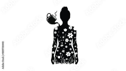 Silhouette of a woman filled with blooming flowers, with a teapot pouring life into her.