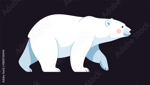 Illustration of a large white polar bear walking steadily against a solid dark black background with soft blue shading and pink cheeks.