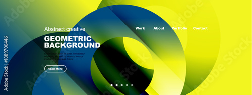 Abstract colorful design. Fluid shapes blend, creating dynamic background. Text promotes geometric visuals, website navigation present.