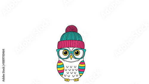 Cute little owl wearing teal framed glasses and a colorful pink and blue knitted hat with a pompom on a white background.