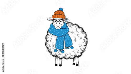 Fluffy white sheep character wearing black spectacles an orange knit hat and a blue scarf standing on a white background.