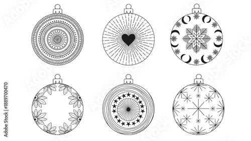 Collection of six hand drawn christmas baubles with various intricate black and white patterns including stars snowflakes and hearts.
