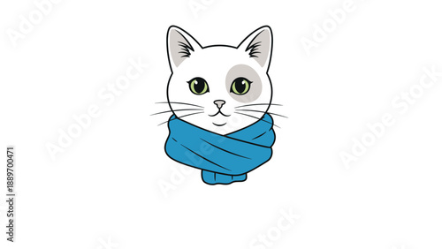 Adorable white cat with a grey patch over one eye wearing a thick blue knitted scarf on a plain white background.