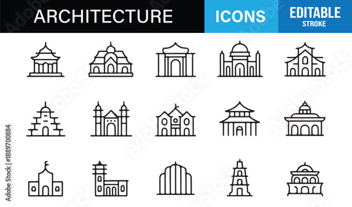 Historic building linear icons collection with editable strokes