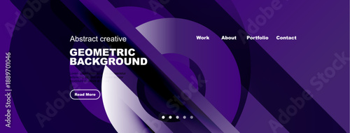 Abstract purple design. Geometric shapes overlap creating dynamic visual effect. Website header includes navigation options, text, button.