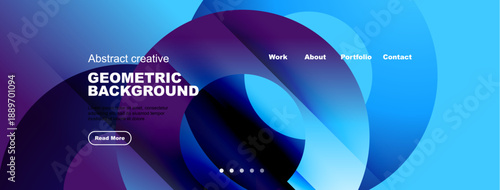 Abstract website design. Blue, purple gradients create dynamic geometric background. Navigation includes work, about, portfolio, contact options.