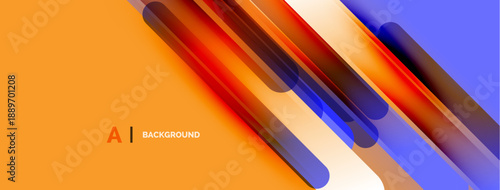 Abstract design features vibrant orange, blue, red gradients. Overlapping rounded rectangles create dynamic visual effect. Modern aesthetic.