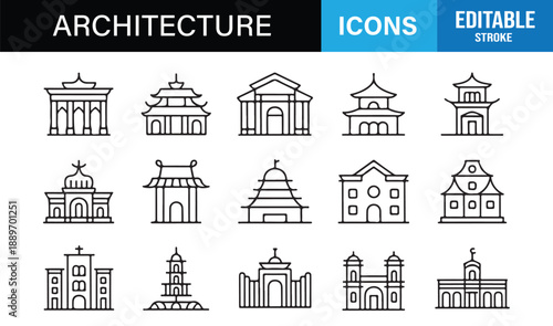 Architecture outline icon set with historic and classical buildings