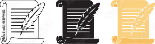 Set of Feather Quill Pen on Scroll Paper Icons Isolated on White Background. Vintage History Document Vector Symbol.