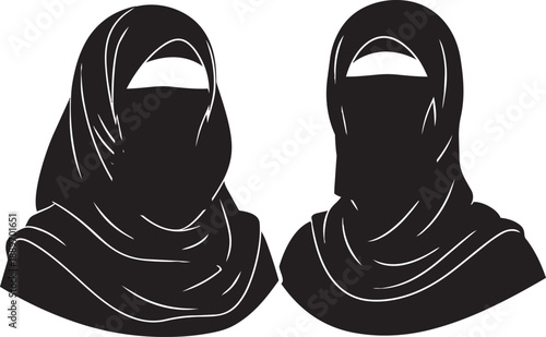 Muslim Women Silhouette Icons Wearing Niqab and Hijab Isolated on White Background. Islamic Female Avatars Set.