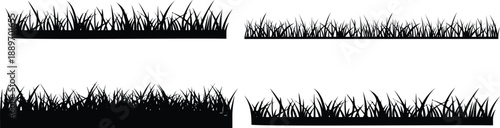Set of Black Grass Silhouette Borders Isolated on White Background. Meadow Lawn Vector Illustration.