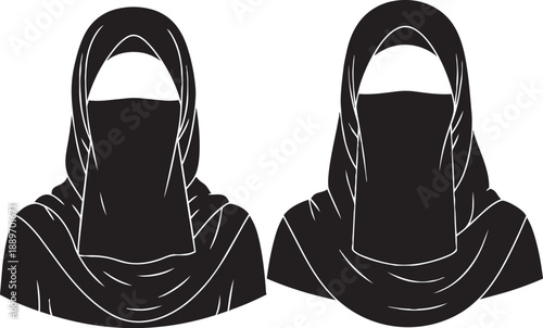 Muslim Women Wearing Niqab Silhouette Icons Isolated on White Background. Islamic Traditional Veil Avatars.
