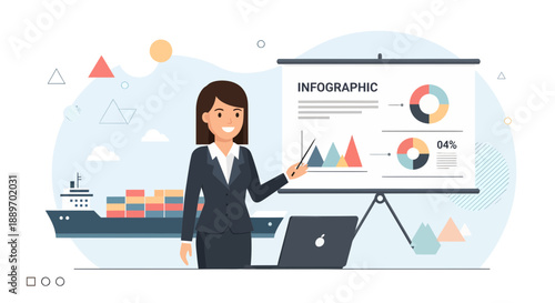 Businesswoman presenting data on a colorful infographic